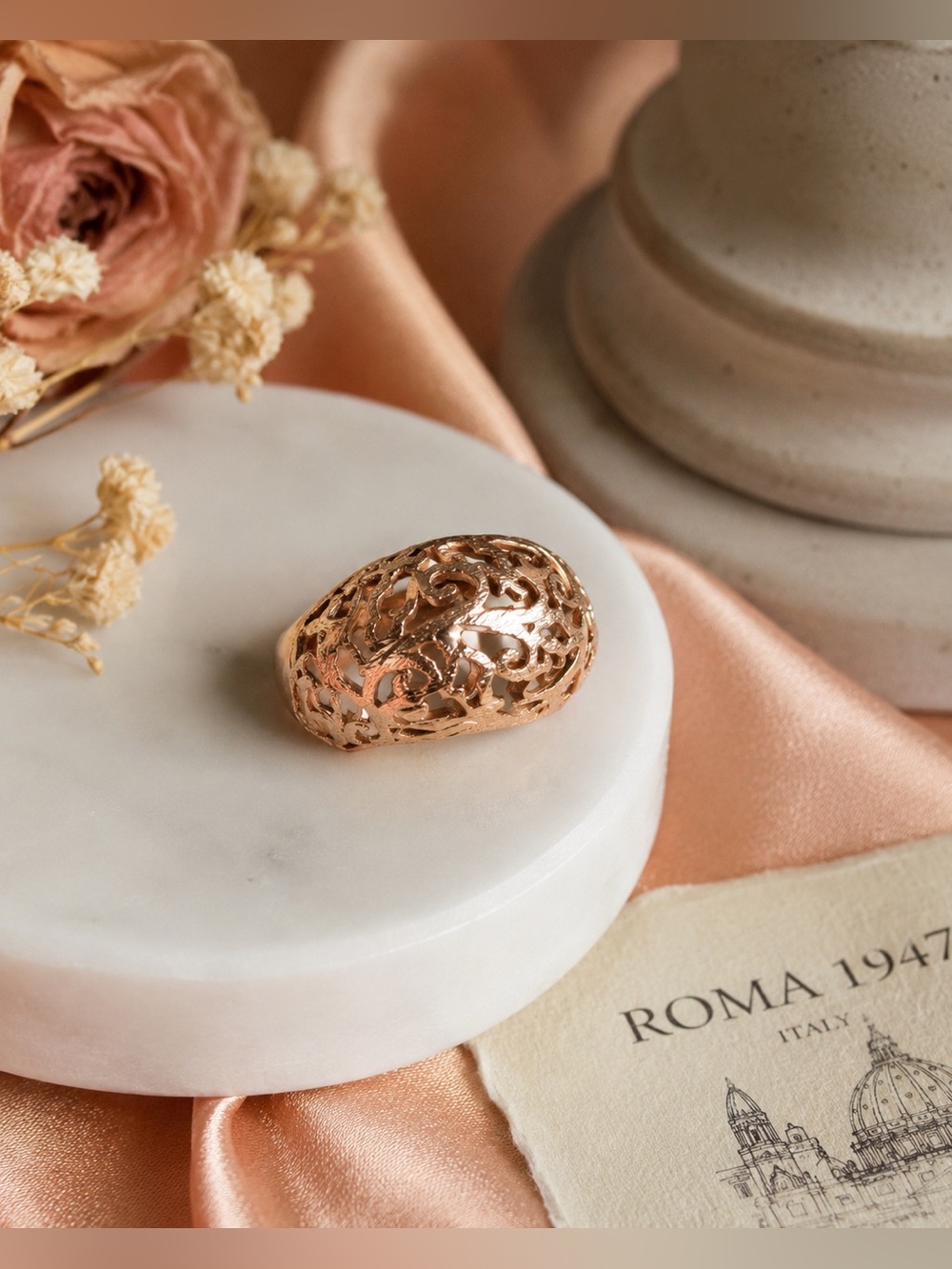 Roma 1947 Sterling Silver Rose Gold Filigree Dome Ring | 925 Italy